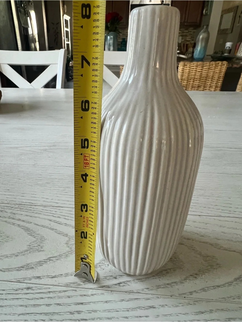 Neutral Ceramic Ribbed Decorative Vase - 8.5” Tallk